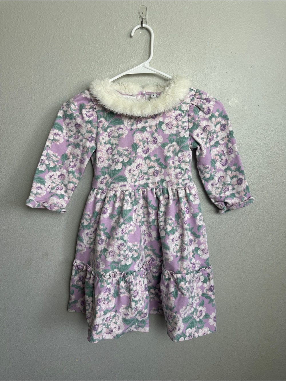 Janie and Jack Lavender Floral Dress with Faux Fur Collar